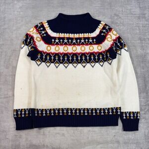 Vintage JC Penney Sweater Womens Large White Fair Isle Nordic Knit Mock Neck